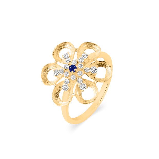Blue Sapphire Gemstone & Diamond Solid 14k Yellow Gold Ring
