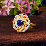Blue Sapphire Gemstone & Diamond Solid 14k Yellow Gold Ring