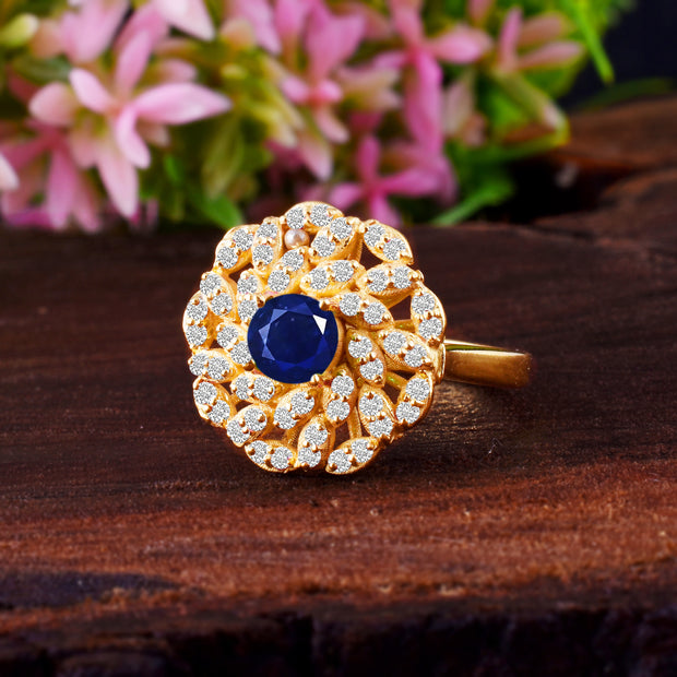 Blue Sapphire Gemstone & Diamond Solid 14k Yellow Gold Ring