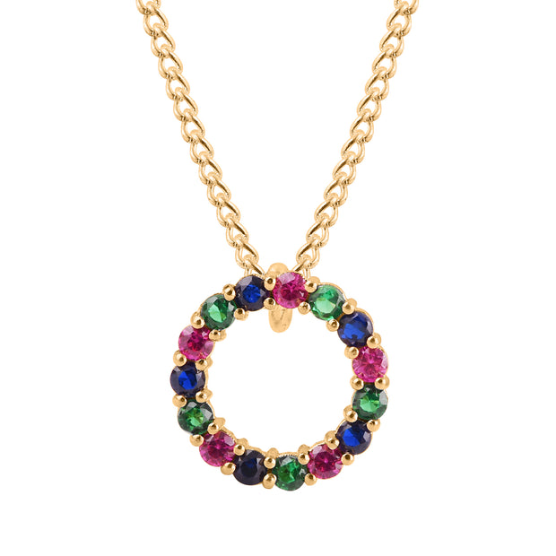Multi Gemstone Solid 14k Yellow Gold Round Ring Pendant