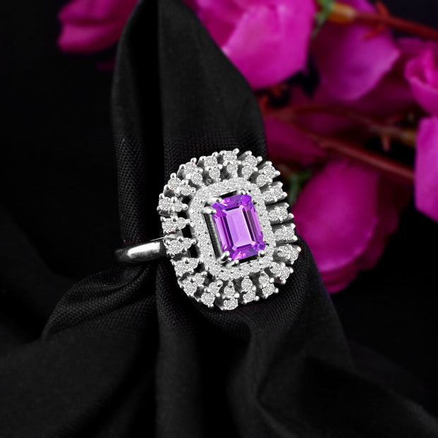 Amethyst Gemstone & Diamond Solid 14k White Gold Ring