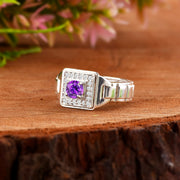 Amethyst Gemstone & Diamond Solid 14k White Gold Ring