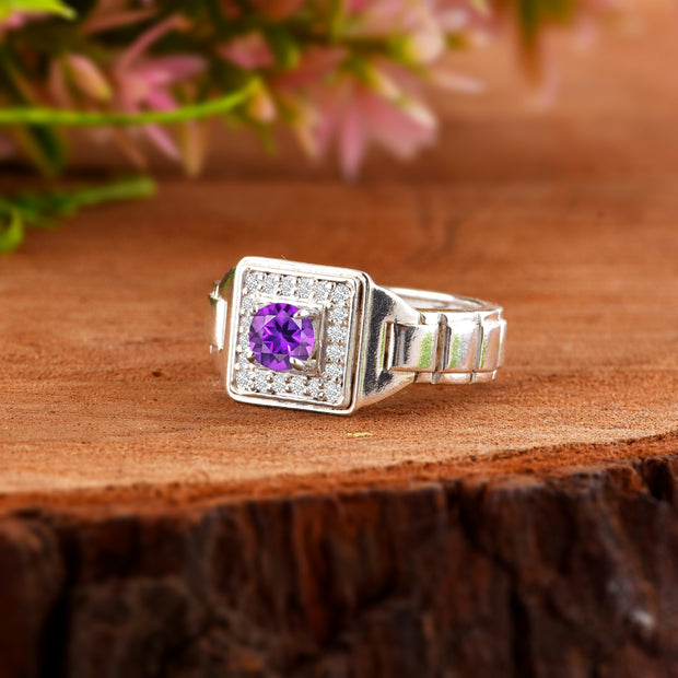 Amethyst Gemstone & Diamond Solid 14k White Gold Ring