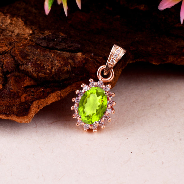 Peridot Gemstone & Diamond Solid 14k Rose Gold Pendant