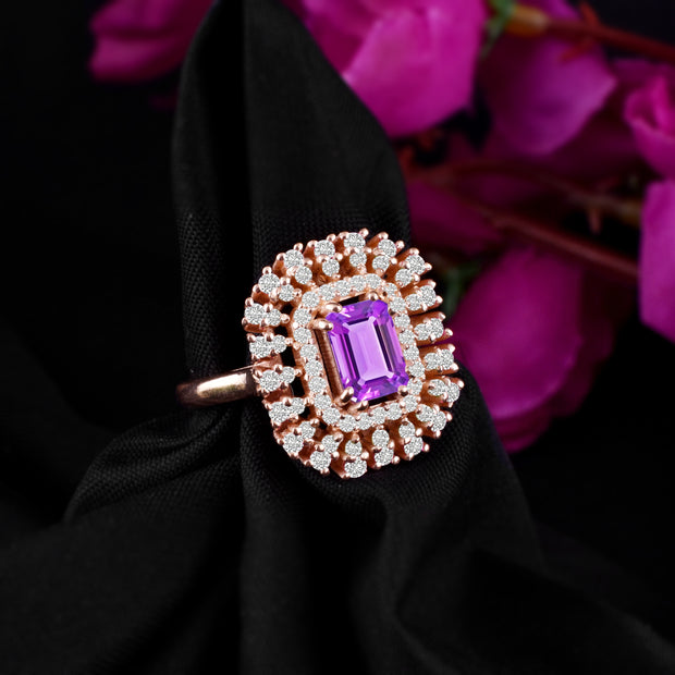 Amethyst Gemstone & Diamond Solid 14k Rose Gold Ring
