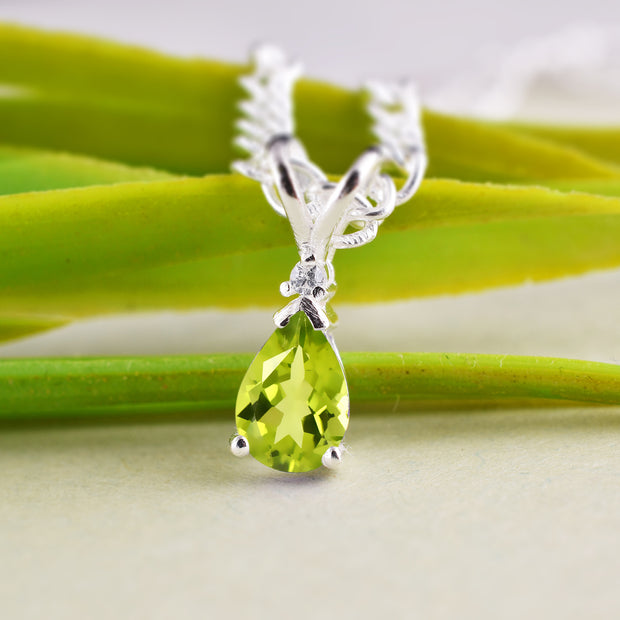 Peridot Gemstone & Diamond Solid 14k White Gold Pendant