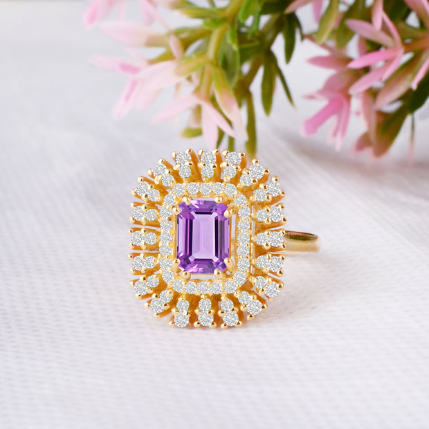Amethyst Gemstone & Diamond Solid 14k Yellow Gold Ring
