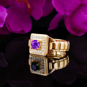 Amethyst Gemstone & Diamond Solid 14k Yellow Gold Ring