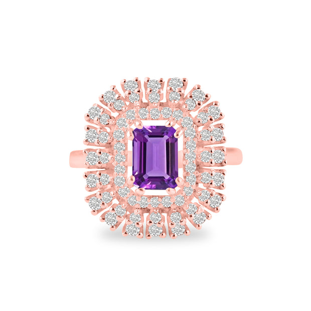 Amethyst Gemstone & Diamond Solid 14k Rose Gold Ring