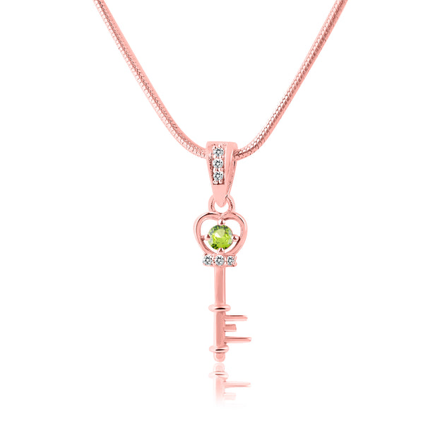 Peridot Gemstone & Diamond Solid 14k Rose Gold Key Pendant