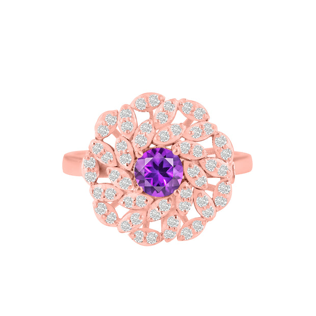 Amethyst Gemstone & Diamond Solid 14k Rose Gold Ring