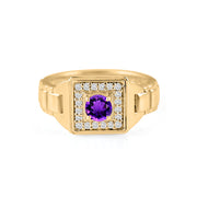 Amethyst Gemstone & Diamond Solid 14k Yellow Gold Ring
