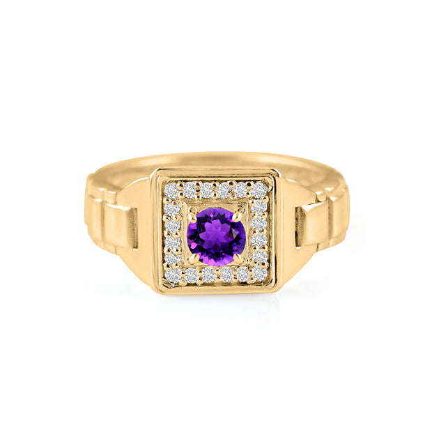 Amethyst Gemstone & Diamond Solid 14k Yellow Gold Ring