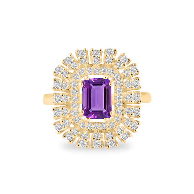 Amethyst Gemstone & Diamond Solid 14k Yellow Gold Ring