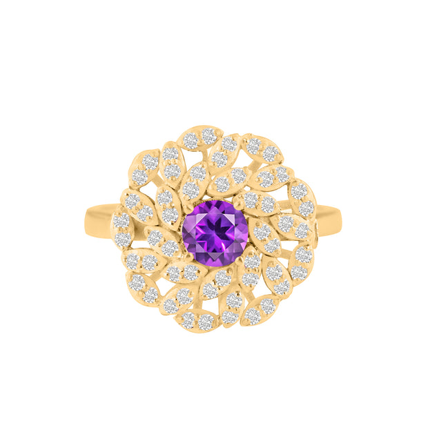 Amethyst Gemstone & Diamond Solid 14k Yellow Gold Ring