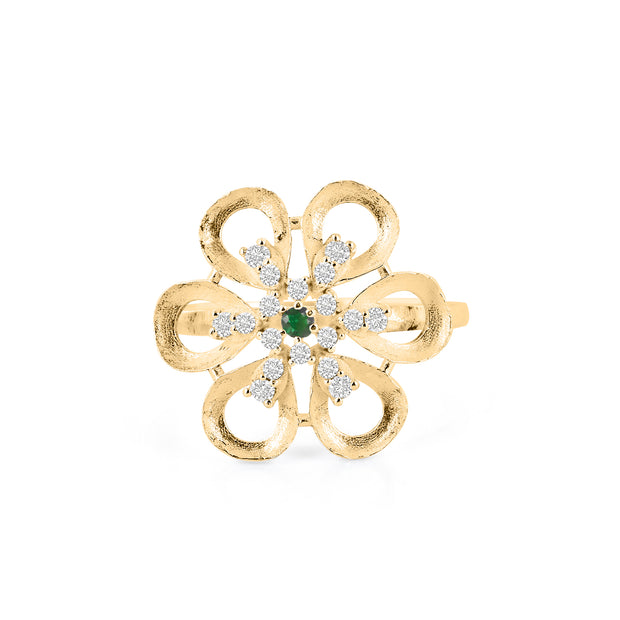 Emerald Gemstone & Diamond Solid 14k Yellow Gold Ring