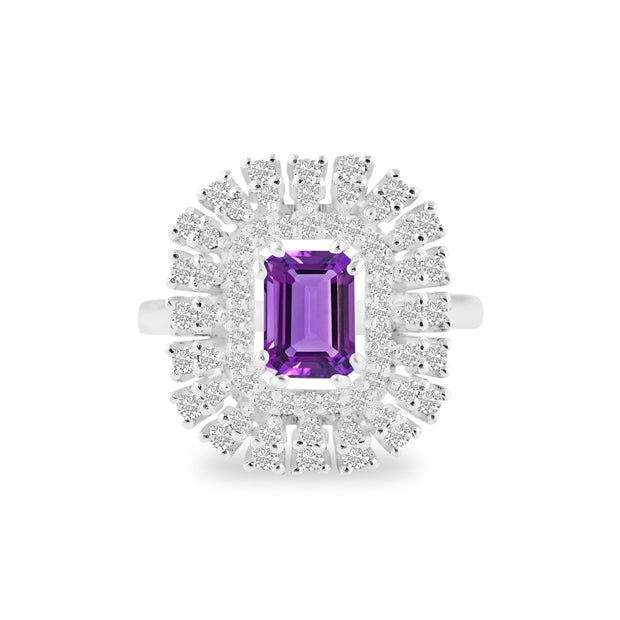 Amethyst Gemstone & Diamond Solid 14k White Gold Ring