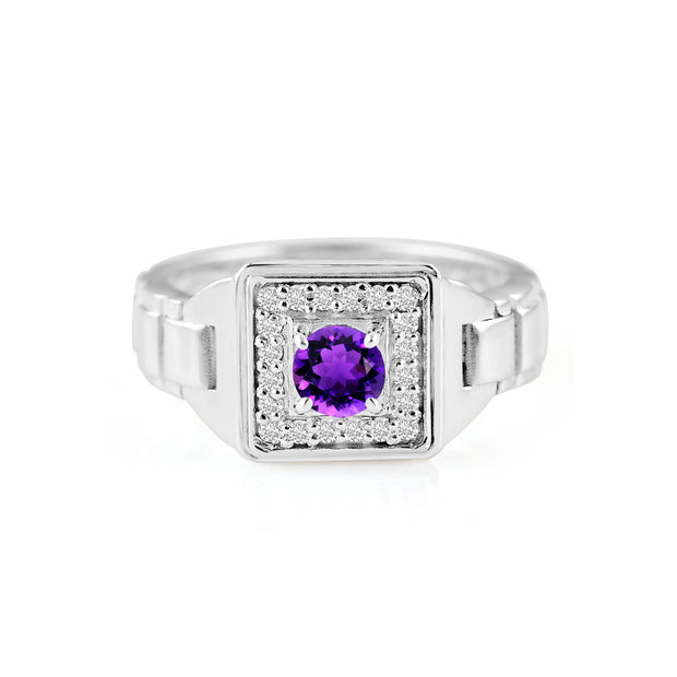 Amethyst Gemstone & Diamond Solid 14k White Gold Ring
