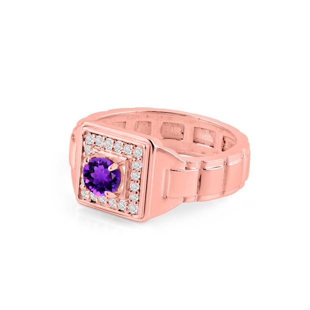 Amethyst Gemstone & Diamond Solid 14k Rose Gold Ring
