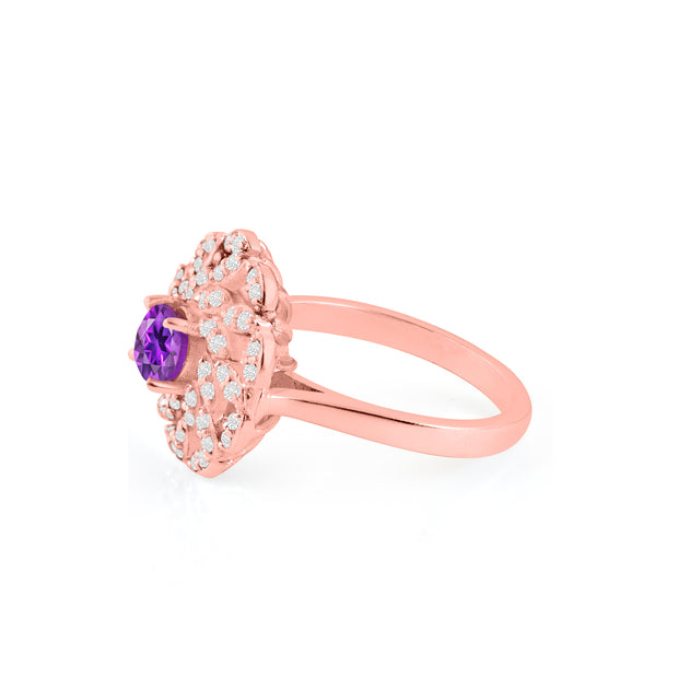 Amethyst Gemstone & Diamond Solid 14k Rose Gold Ring