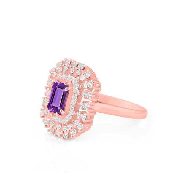 Amethyst Gemstone & Diamond Solid 14k Rose Gold Ring