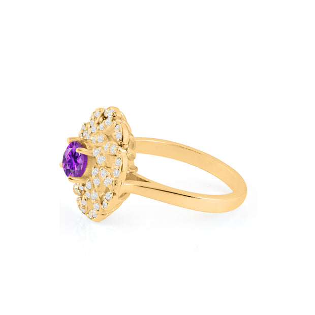 Amethyst Gemstone & Diamond Solid 14k Yellow Gold Ring