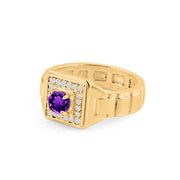 Amethyst Gemstone & Diamond Solid 14k Yellow Gold Ring
