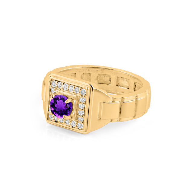 Amethyst Gemstone & Diamond Solid 14k Yellow Gold Ring