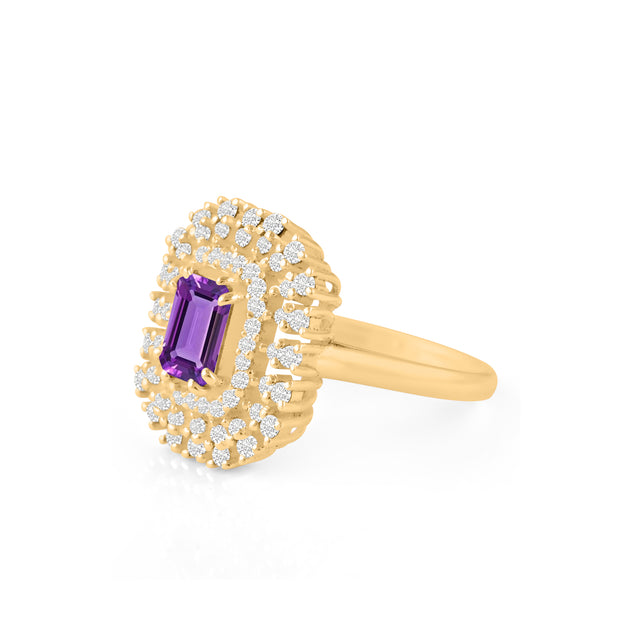 Amethyst Gemstone & Diamond Solid 14k Yellow Gold Ring