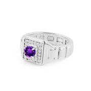 Amethyst Gemstone & Diamond Solid 14k White Gold Ring
