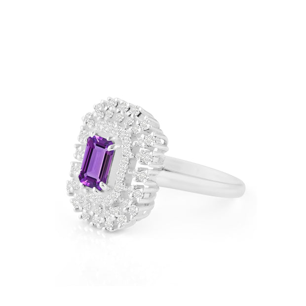 Amethyst Gemstone & Diamond Solid 14k White Gold Ring