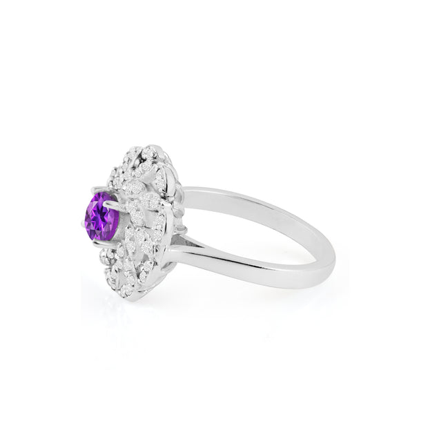 Amethyst Gemstone & Diamond Solid 14k White Gold Ring