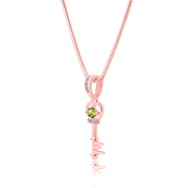 Peridot Gemstone & Diamond Solid 14k Rose Gold Key Pendant