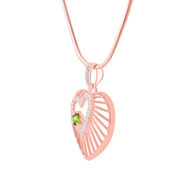 Peridot Gemstone & Diamond Solid 14k Rose Gold Heart Pendant