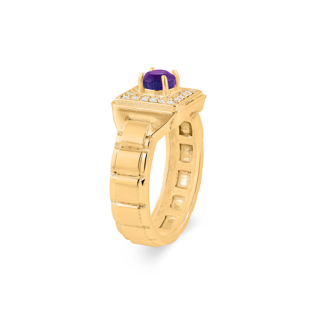 Amethyst Gemstone & Diamond Solid 14k Yellow Gold Ring