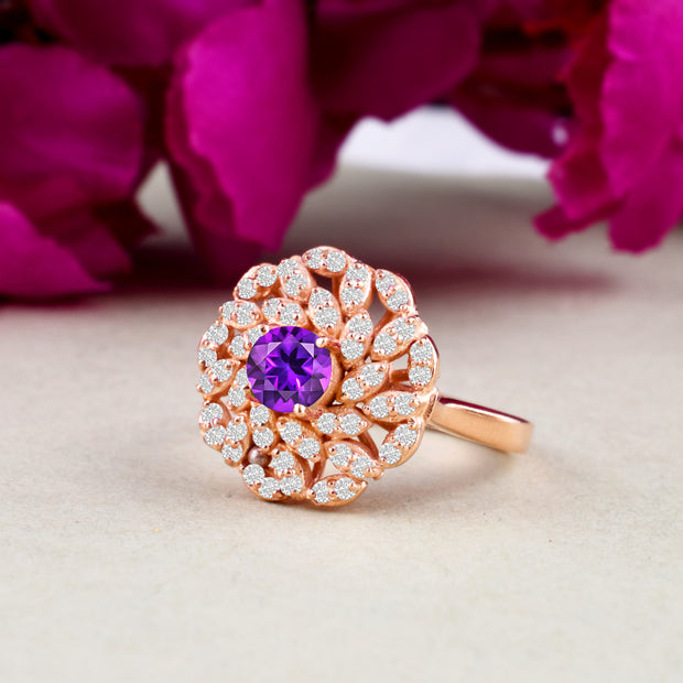 Amethyst Gemstone & Diamond Solid 14k Rose Gold Ring