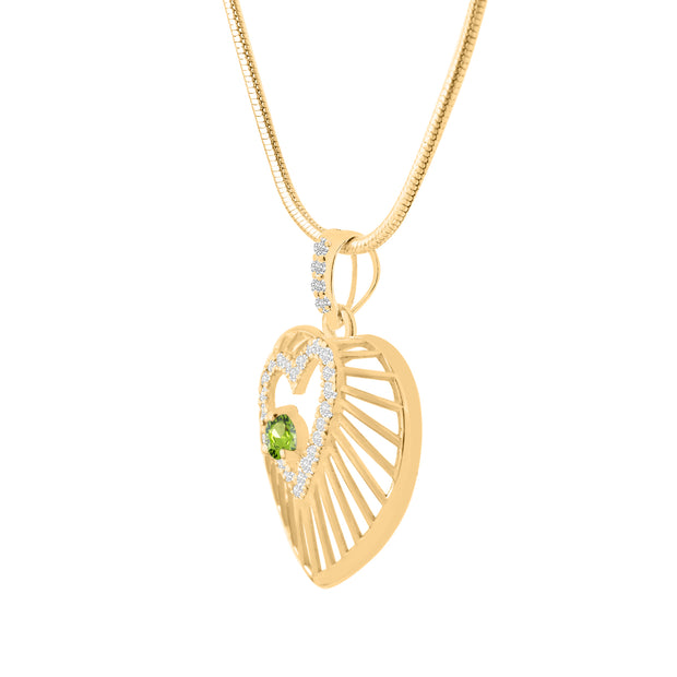 Peridot Gemstone & Diamond Solid 14k Yellow Gold Heart Pendant