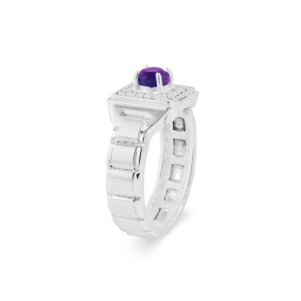 Amethyst Gemstone & Diamond Solid 14k White Gold Ring