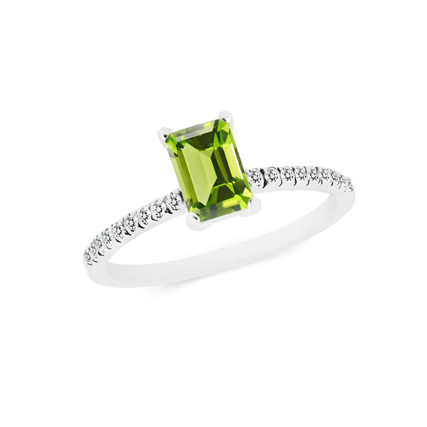 Peridot & Diamond Gemstone Solid 14k White Gold Ring