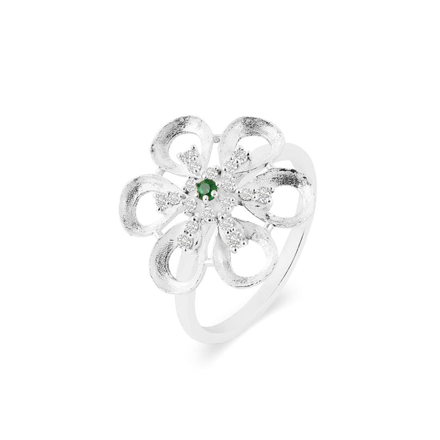 Emerald Gemstone & Diamond Solid 14k White Gold Ring