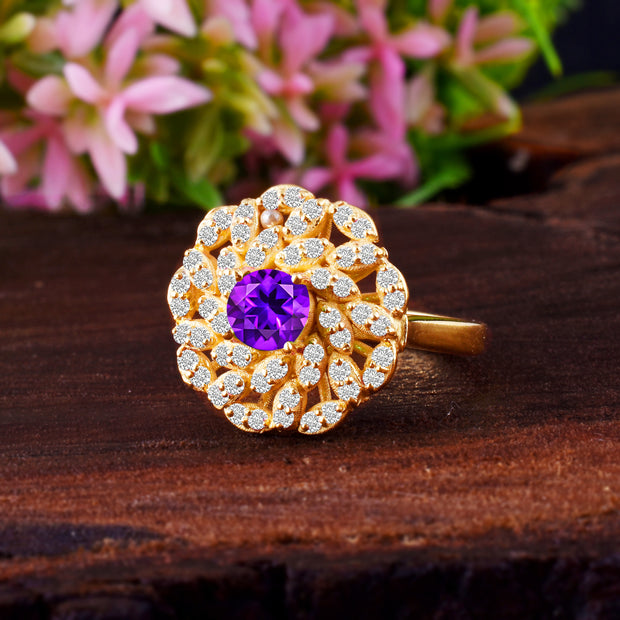 Amethyst Gemstone & Diamond Solid 14k Yellow Gold Ring
