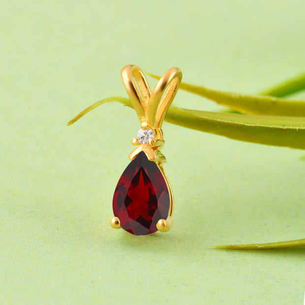 Garnet Gemstone & Diamond Solid 14k Yellow Gold Pendant