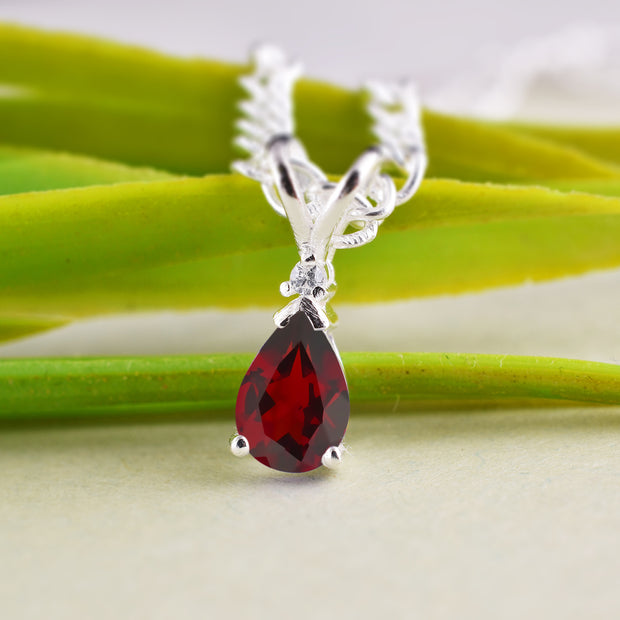 Garnet Gemstone & Diamond Solid 14k White Gold Pendant