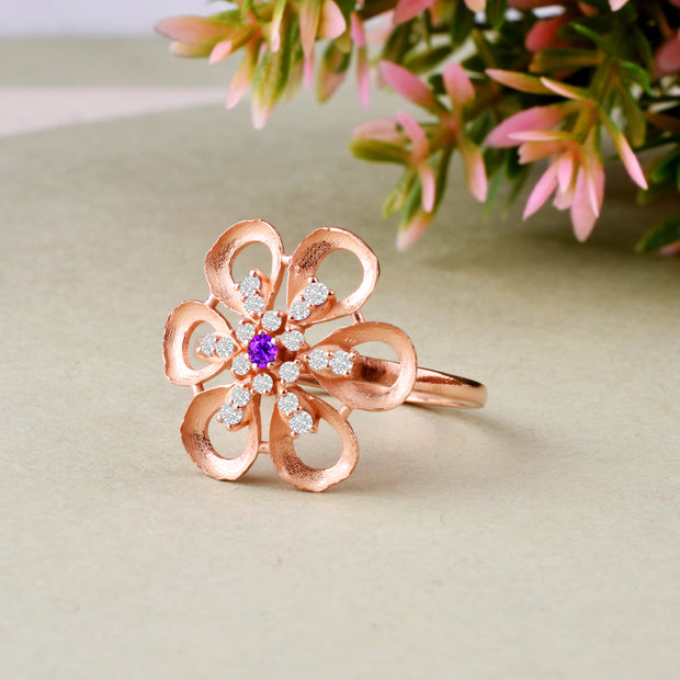 Amethyst Gemstone & Diamond Solid 14k Rose Gold Ring