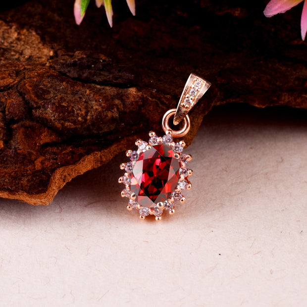 Garnet Gemstone & Diamond Solid 14k Rose Gold Pendant