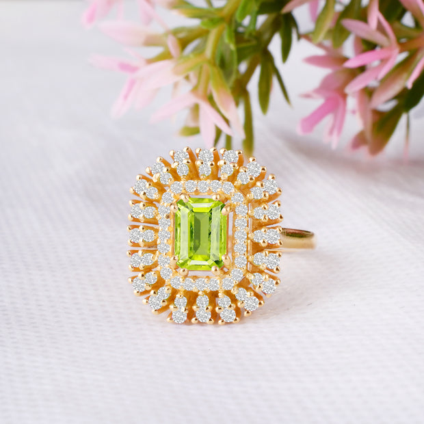 Peridot Gemstone & Diamond Solid 14k Yellow Gold Ring
