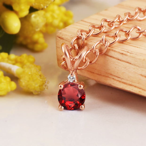 Garnet Gemstone & Diamond Solid 14k Rose Gold Pendant