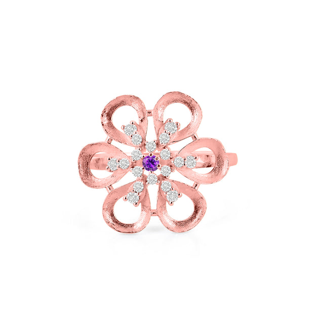 Amethyst Gemstone & Diamond Solid 14k Rose Gold Ring