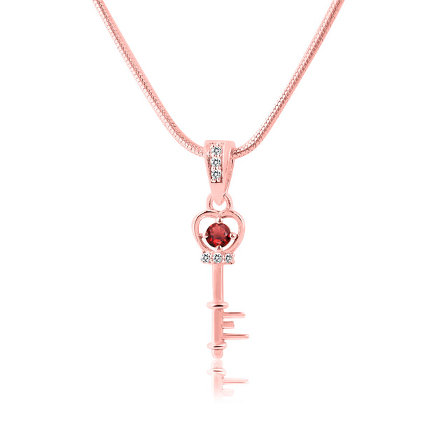 Garnet Gemstone & Diamond Solid 14k Rose Gold Key Pendant