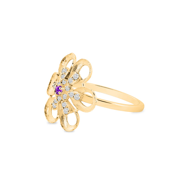 Amethyst Gemstone & Diamond Solid 14k Yellow Gold Ring